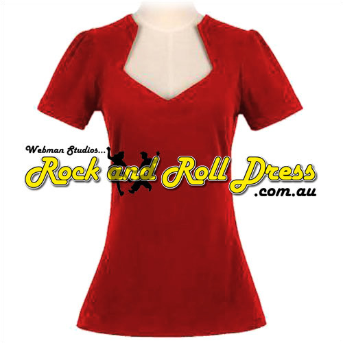 Red Ruby rock and roll wedgetail neckline cotton top S - 2XL Red Ruby rock and roll wedgetail neckline cotton top S - 2XL