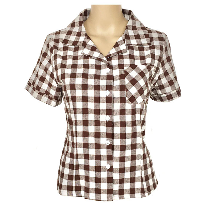 Brown gingham ladies rockabilly pinup shirt with front pocket Brown gingham ladies rockabilly pinup shirt with front pocket