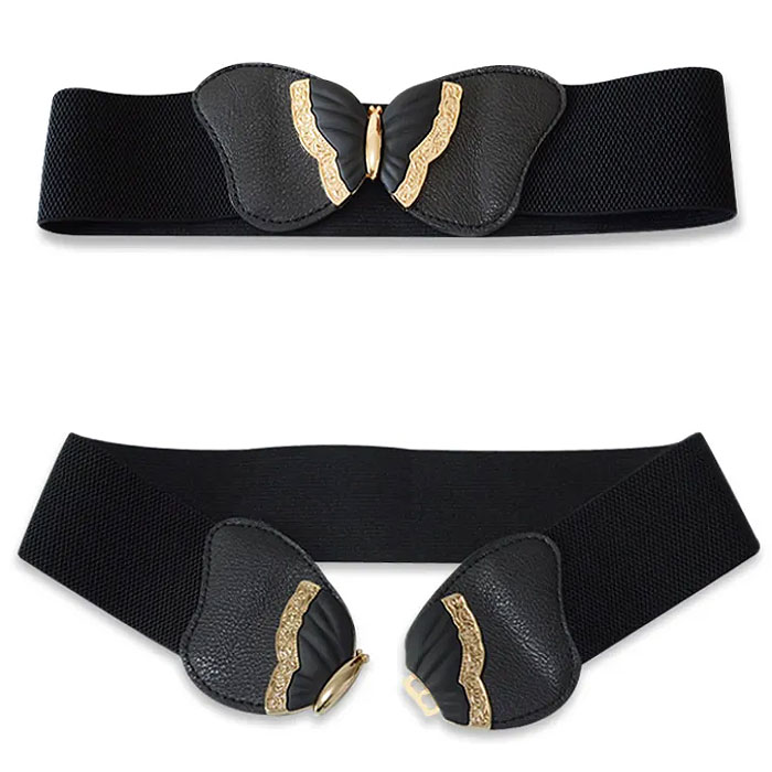 Gold Trim Butterfly Buckle Elastic Belt - Black Gold Trim Butterfly Buckle Elastic Belt - Black
