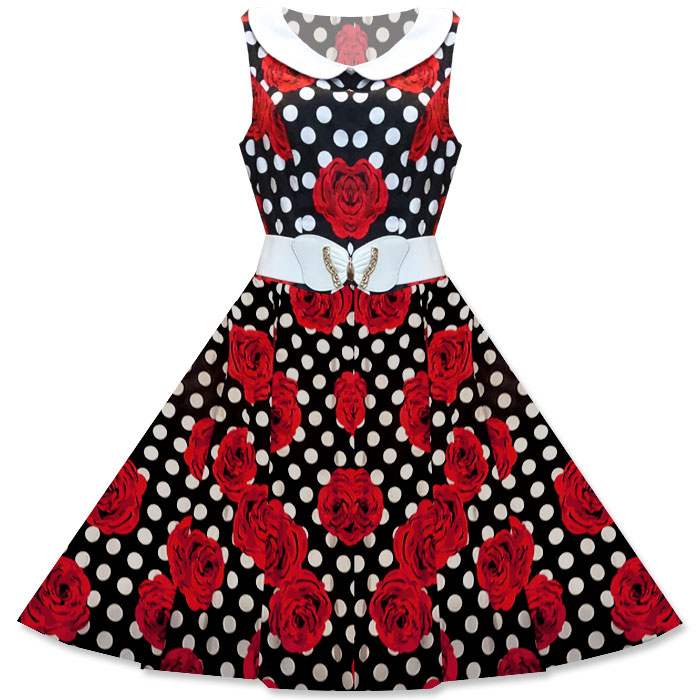 Emily polka dot rose print dress with full circle skirt XS-3XL Emily polka dot rose print dress with full circle skirt XS-3XL