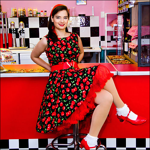 Rhiannon Lee rockabilly cherry print rock and roll dress XS-3XL Rhiannon Lee rockabilly cherry print rock and roll dress XS-3XL