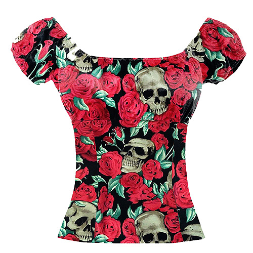 Skull and red rose rockabilly top S - 2XL
