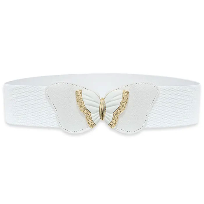 Gold Trim Butterfly Buckle Elastic Belt - White Gold Trim Butterfly Buckle Elastic Belt - White