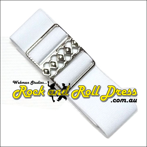 White elastic cinch belt 50mm wide fits up to 130cm waist White elastic cinch belt 50mm wide fits up to 130cm waist