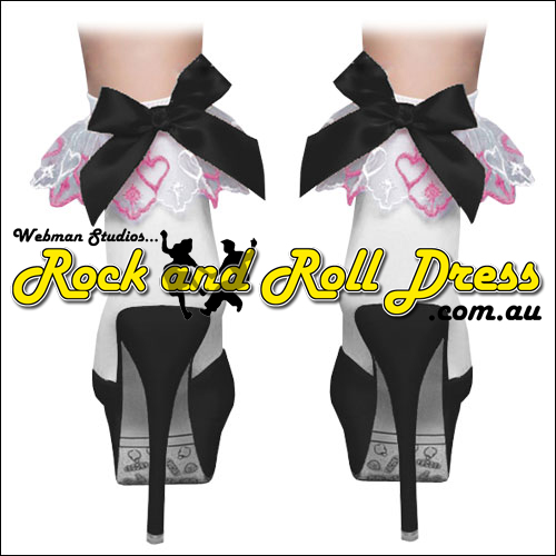 White pink hearts lace top bobby socks with black satin bow White pink hearts lace top bobby socks with black satin bow